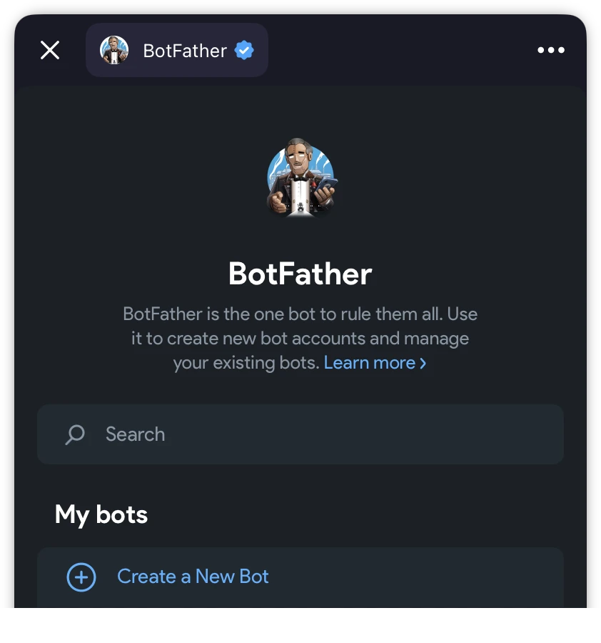 The BotFather Mini App home screen with the Create a New Bot button under My bots