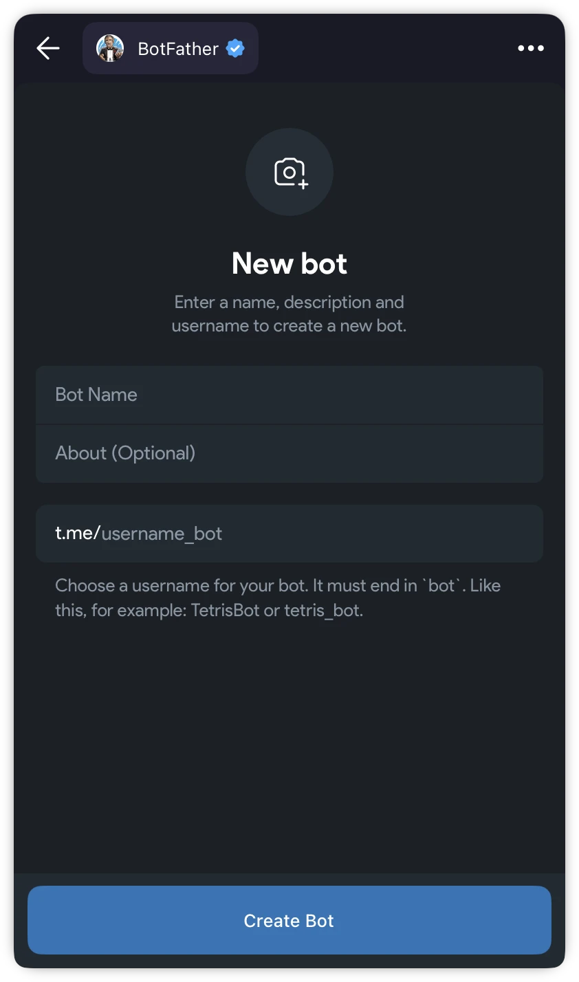The New bot form in BotFather asking for a name, an optional description, and a username ending in bot