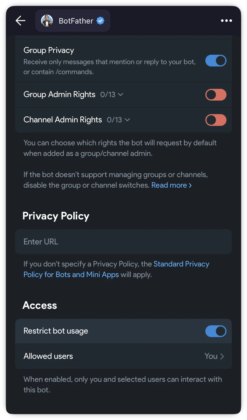 Bot Settings in BotFather with Restrict bot usage turned on and Allowed users set to You