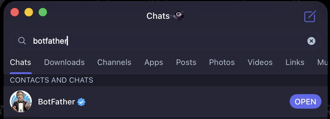 Telegram search results showing the verified BotFather account with an OPEN button