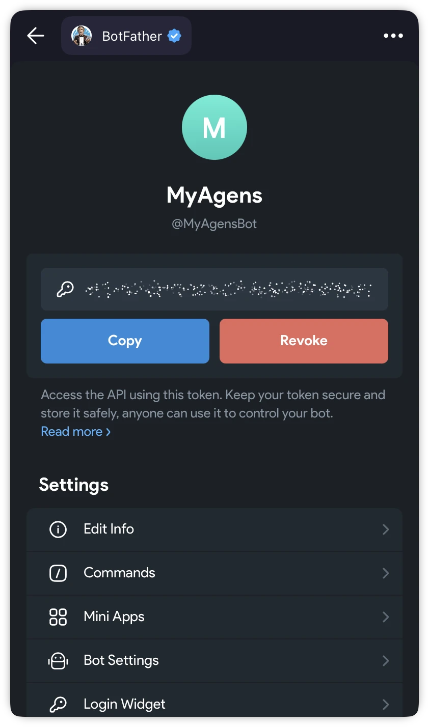 The new bot's page in BotFather with the token field, a Copy button, and the Settings list