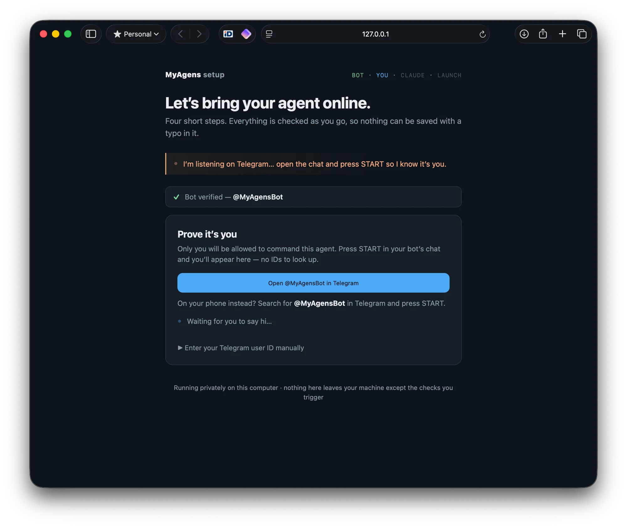 The MyAgens setup page waiting on the Prove it's you step: the bot is verified and the page waits for you to press START in its Telegram chat