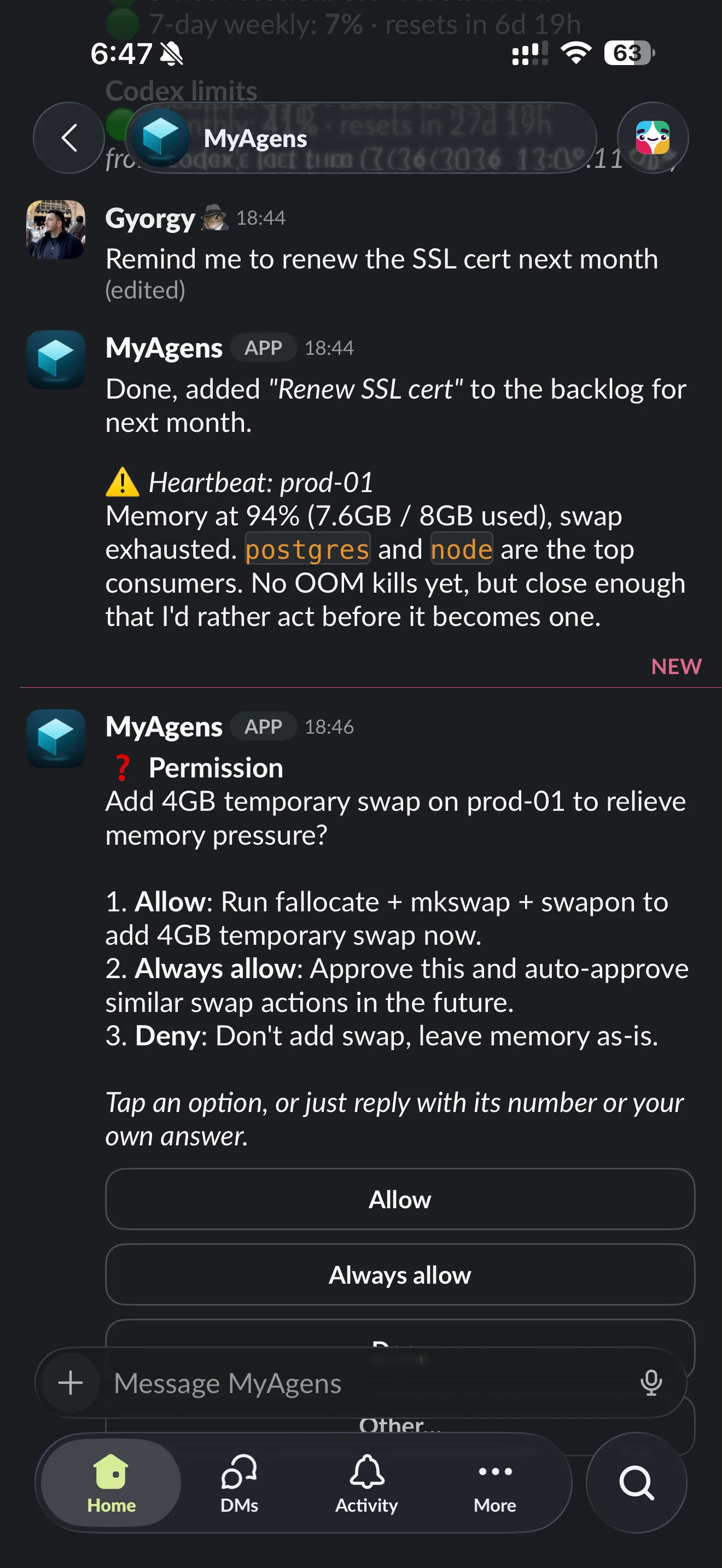 Click to enlarge The same agent in Slack: a heartbeat alert about memory pressure on a host, then a permission prompt with Allow, Always allow, and Deny buttons