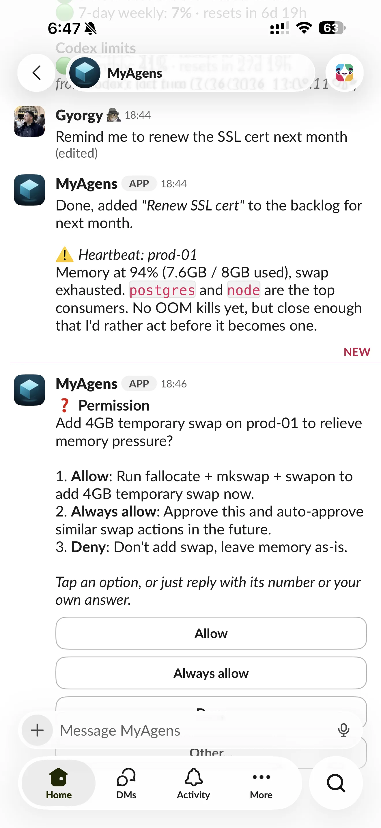 Click to enlarge The same agent in Slack: a heartbeat alert about memory pressure on a host, then a permission prompt with Allow, Always allow, and Deny buttons
