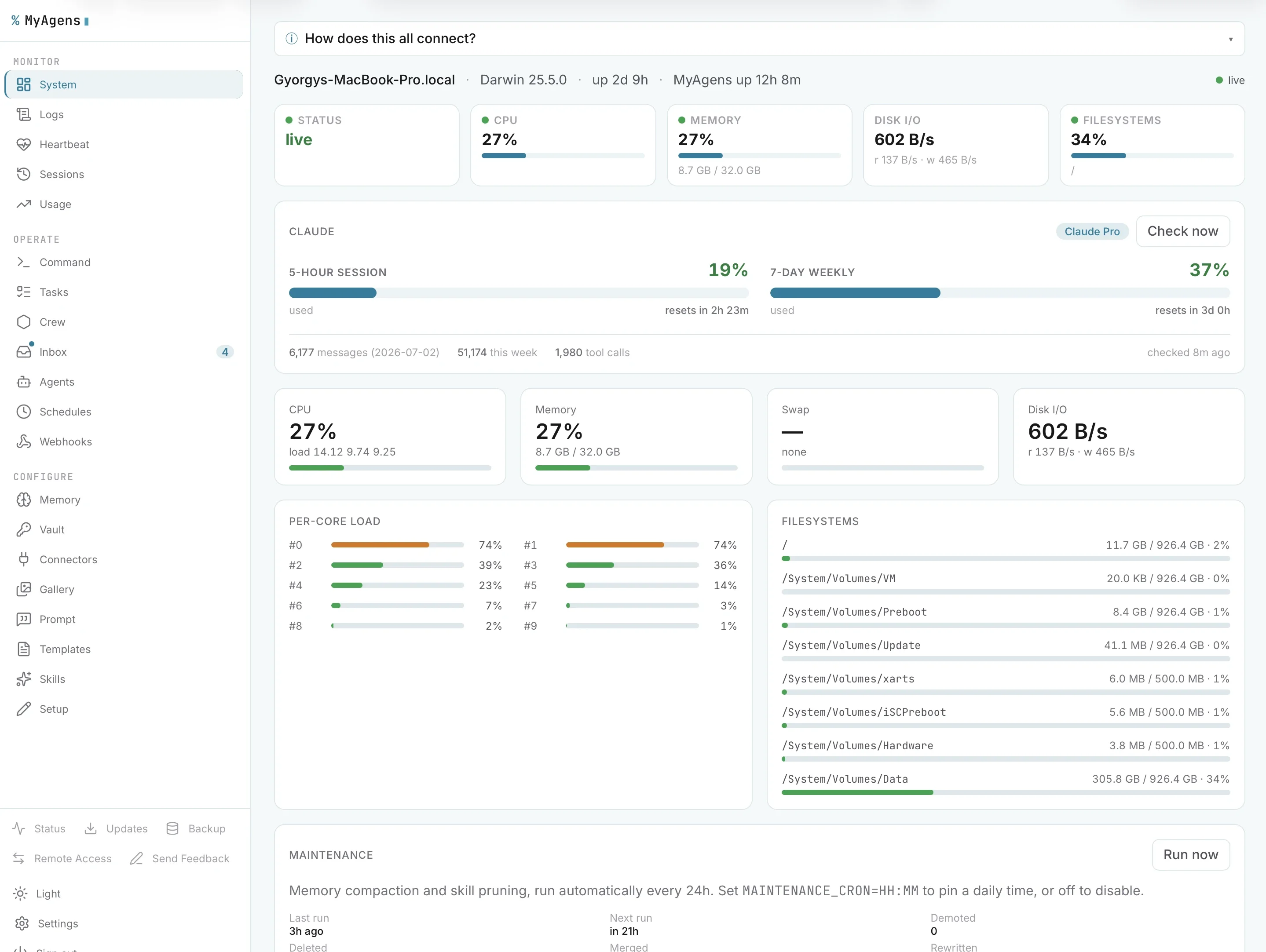 System panel: live host health, Claude usage limits, per-core load, filesystems, and the nightly maintenance window