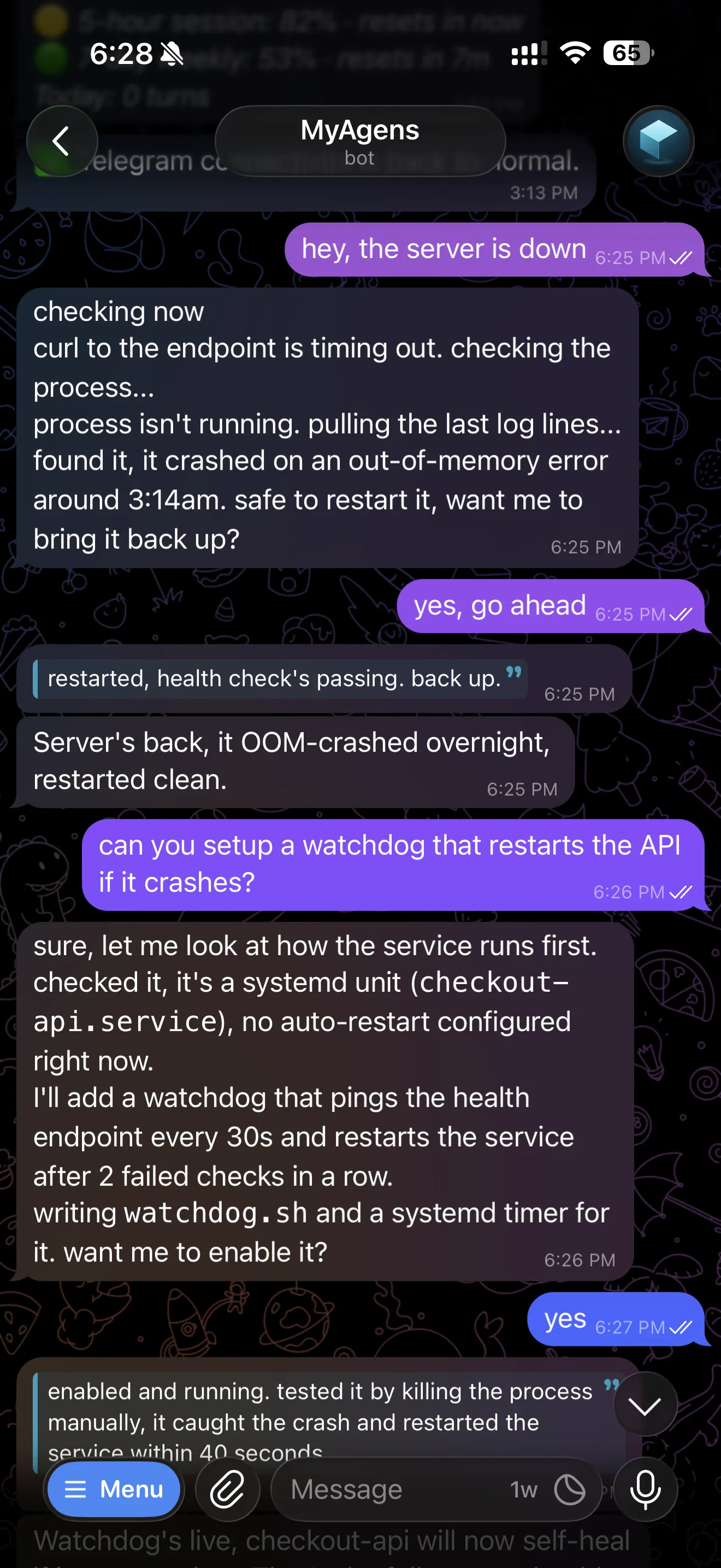 Click to enlarge A Telegram chat: the agent traces a downed API to an overnight out-of-memory crash, restarts it once approved, then sets up a watchdog so it self-heals